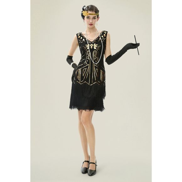 knee length dresses for ladies Zapaka Women Light Khaki Sequined Long 1920s Gatsby Dress with Accessories Set, Light Khaki / S